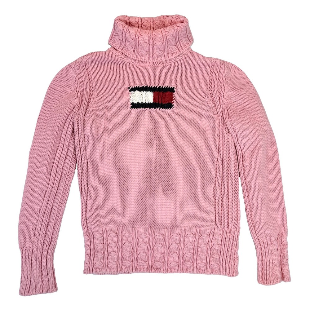Vintage RARE Tommy Hilfiger Pink Cable Knit Sweater Flag Logo M Patriotic Preppy